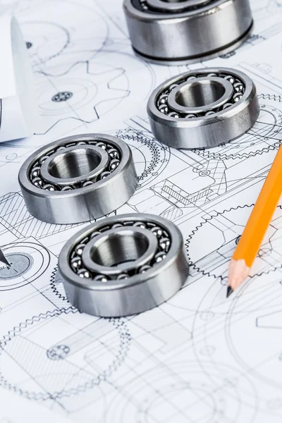 Ball bearings on technical drawing — Stock Photo, Image