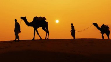 Cameleers, deve sürücüleri gün batımında. Günbatımında çöl Jaisalmer, Rajasthan, Hindistan.