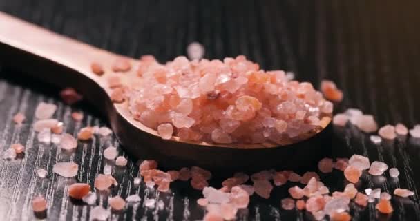 木料中的喜马拉雅山粉盐用来调味食物 主要由于营销成本 粉色喜马拉雅山盐的价格是桌子或海盐的20倍 — 图库视频影像
