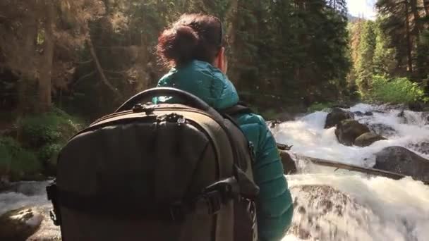 Escursione Donna Passeggiata Con Uno Zaino Trekking Nella Foresta Verde — Video Stock