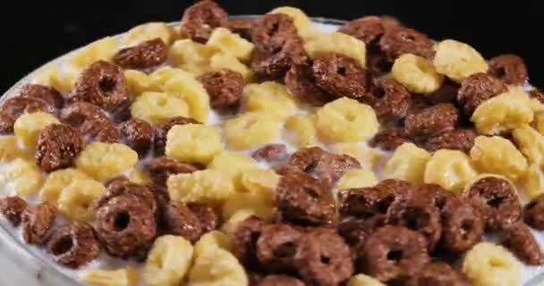 Desayuno Cereales Maíz Chocolate Tazón Con Leche — Vídeos de Stock