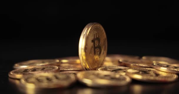 Moedas Criptomoeda Gold Bit Coin Btc Fundo Preto Bitcoin Uma — Vídeo de Stock