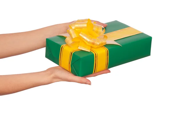 Caja con cinta amarilla como regalo — Foto de Stock