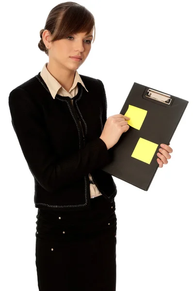 Officer with document case and stickers — Stock Photo, Image