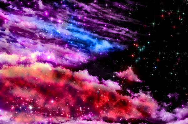 Blue and magenta Northern Lights and the stars shine through the clouds and look like a birth of a new nebula after the supernova explosion