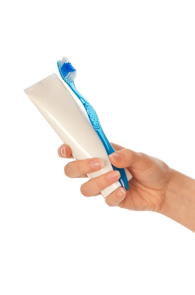 Dentifrice et brosse à dents bleue — Photo