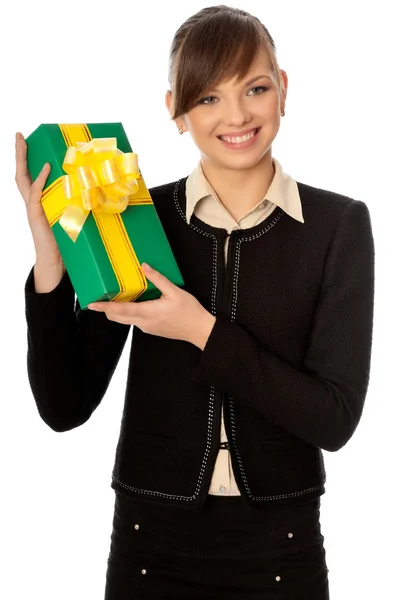 Grüne Schachtel mit gelber Schleife als Geschenk — Stockfoto