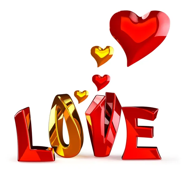 Metalic word LOVE with hearts — Stock Photo, Image