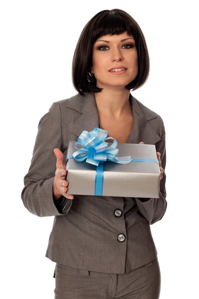 Caja gris con lazo azul como regalo —  Fotos de Stock