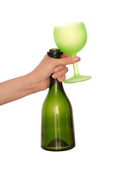 Grüne Flasche und Weinglas — Stockfoto