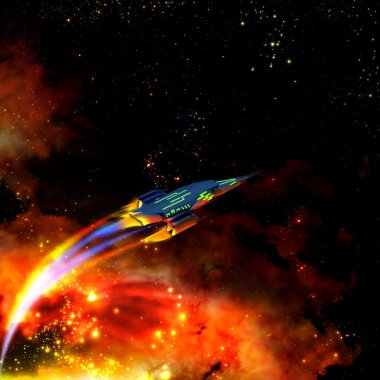 Red-hot spaceship and nebula clipart