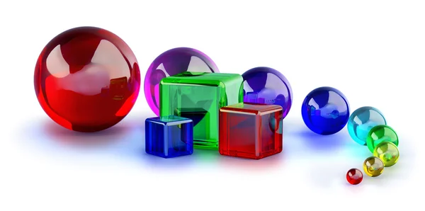 Glass cubes and colorful marble balls — Stock Photo, Image