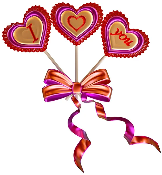 Three lollipops tied with a bow with long ribbons — Stock Photo, Image