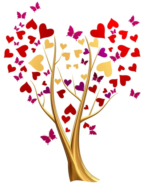 Árvore dourada com corações e borboletas — Fotografia de Stock
