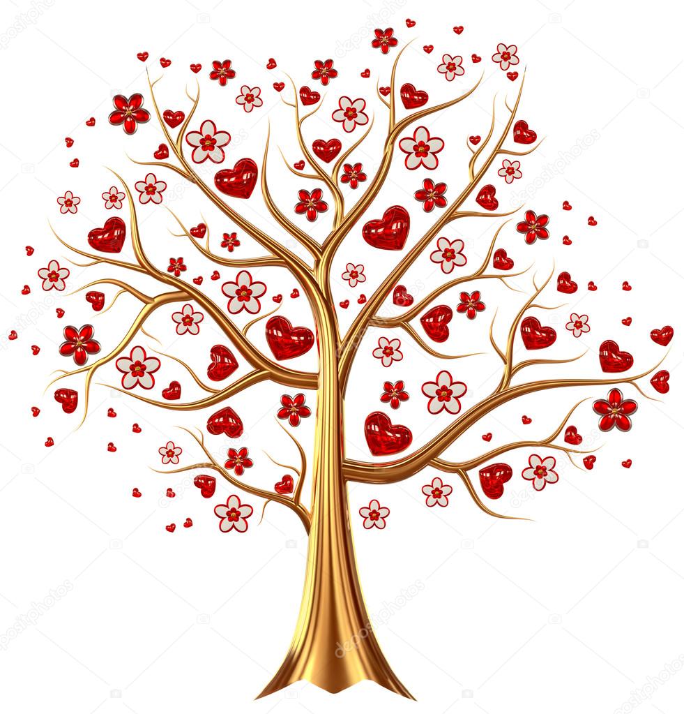 golden tree with hearts and flowers
