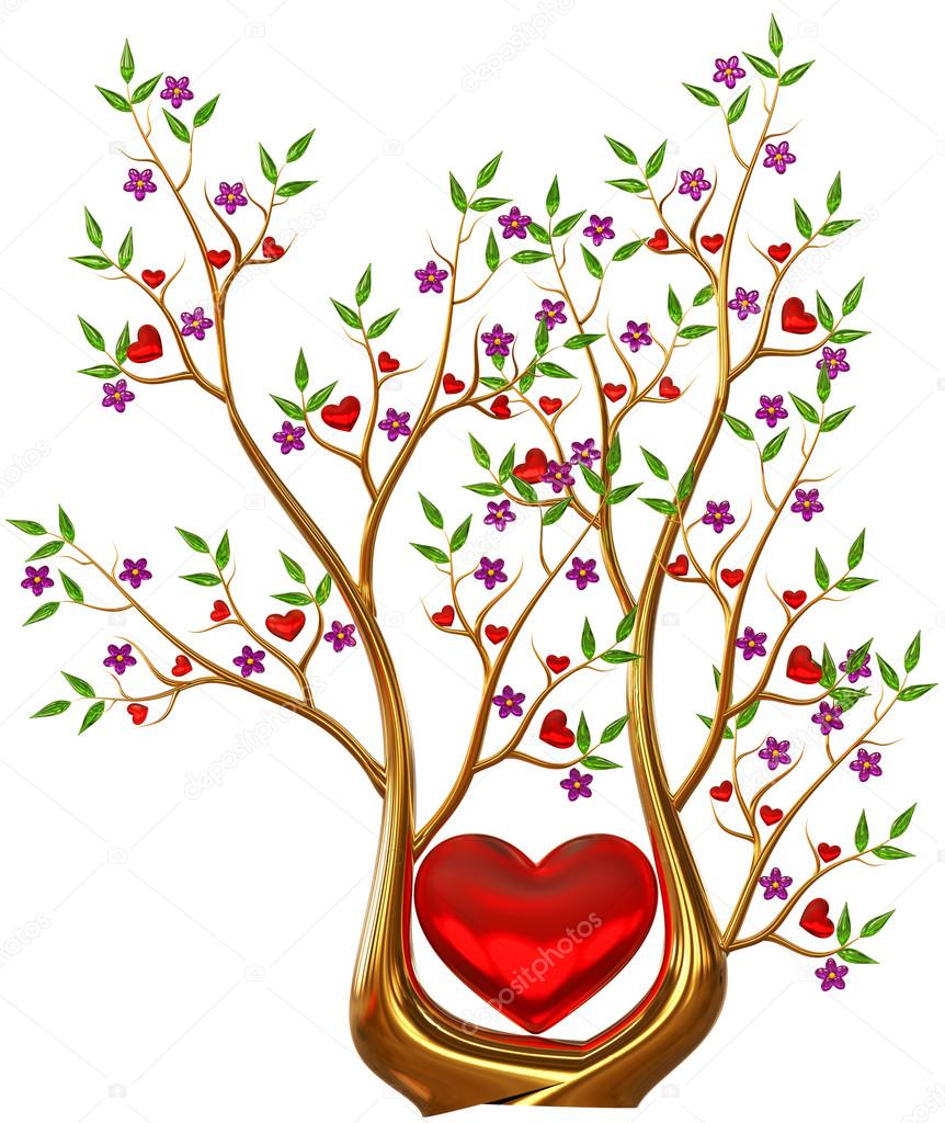 Golden tree with hearts and flowers