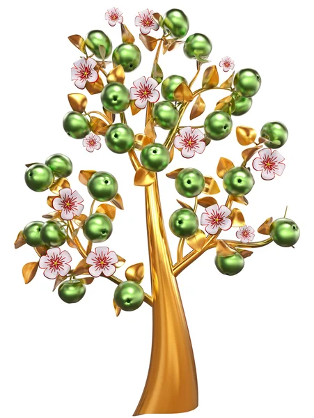 Árvore dourada com maçãs verdes e flores brancas — Fotografia de Stock