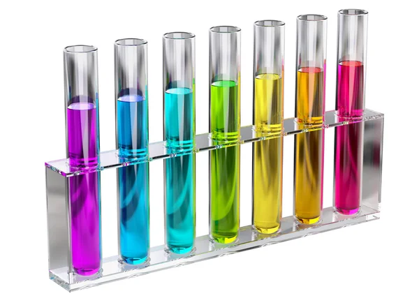 Solución transparente coloreada en tubos de ensayo — Foto de Stock