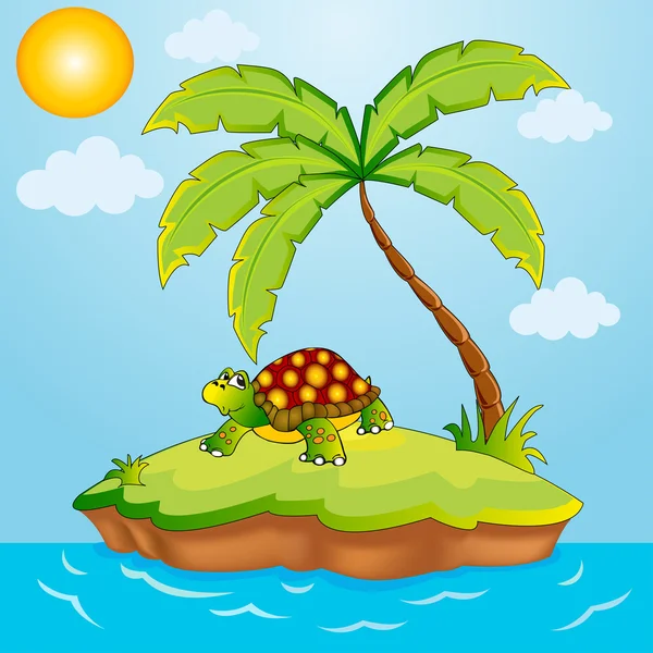 Südinsel mit Palme und Wasserschildkröte — Stockvektor