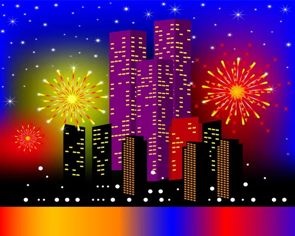 Background townhouses with festive firework in the night — Stock Vector