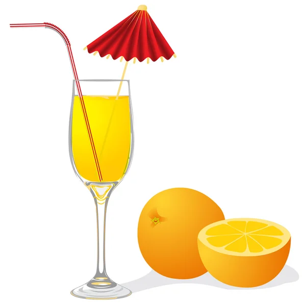 Naranja madura y copa de jugo — Vector de stock