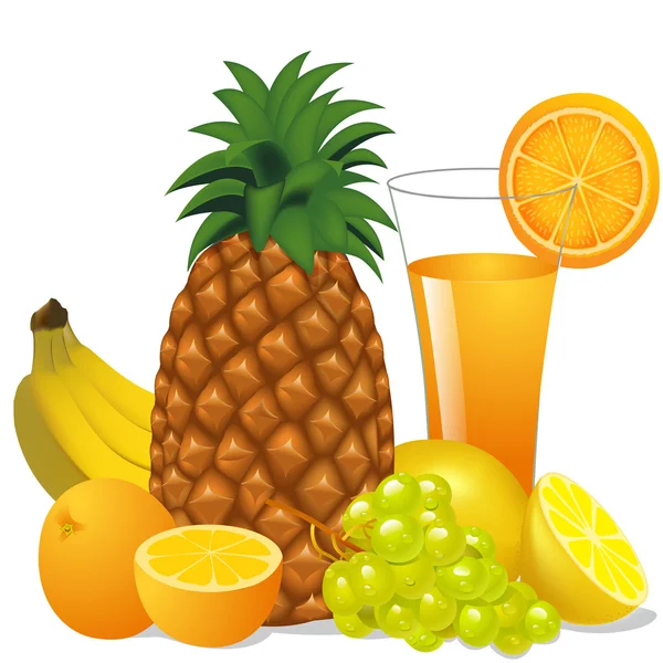 Suco e frutas banana abacaxi uva de laranja —  Vetores de Stock