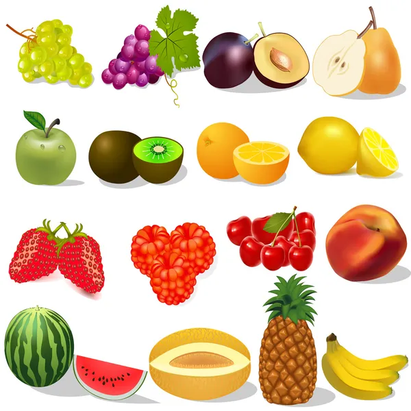 Set ripe fruit and berries on white — Stock Vector