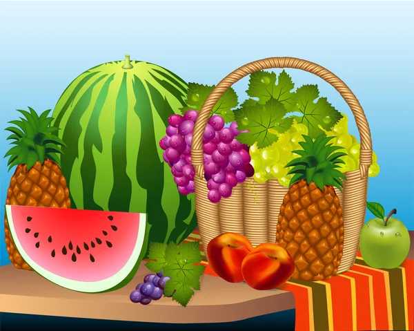 Cesta y frutas sandía melocotones de uva, piña — Vector de stock