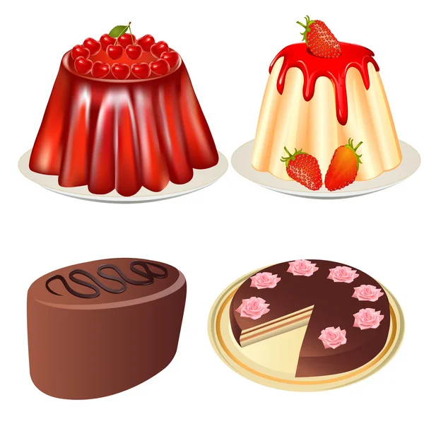 Set Dessertgelee mit Kirsch- und Erdbeerkuchen und Kuchen — Stockvektor