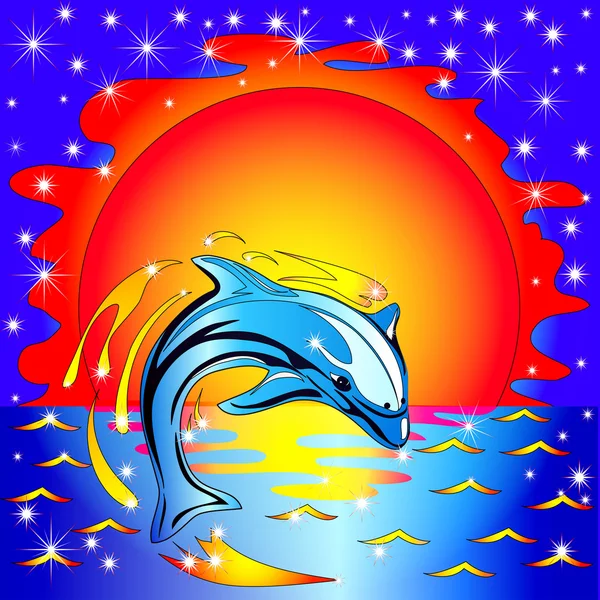 Saltar delfín antes de la puesta del sol en el mar — Vector de stock