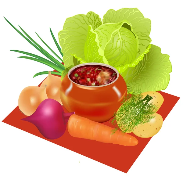 Borsch en pot et légumes pour préparation — Image vectorielle