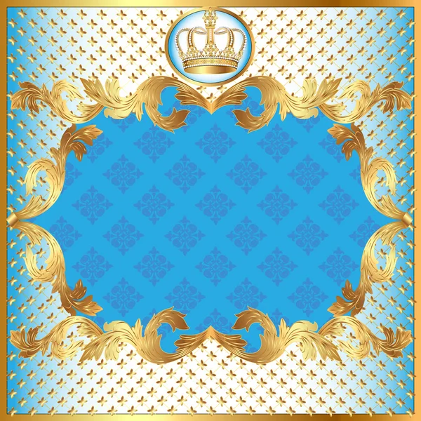 Синій фон для запрошення золотий візерунок і корона — стоковий вектор