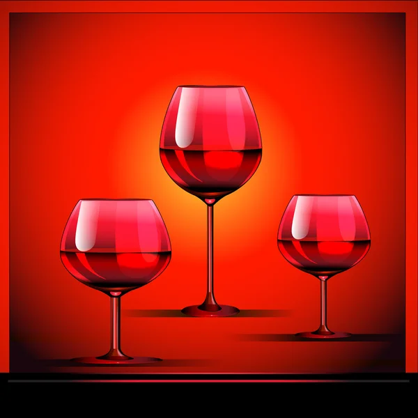 Tres copas con vino sobre fondo brillante — Vector de stock