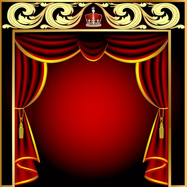 Fondo con cortina teatral y patrón de oro (es) — Vector de stock