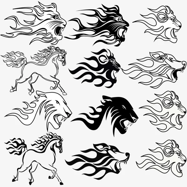 Sett med grafiske tatoveringer, brannhest, løveulv og panter – stockvektor