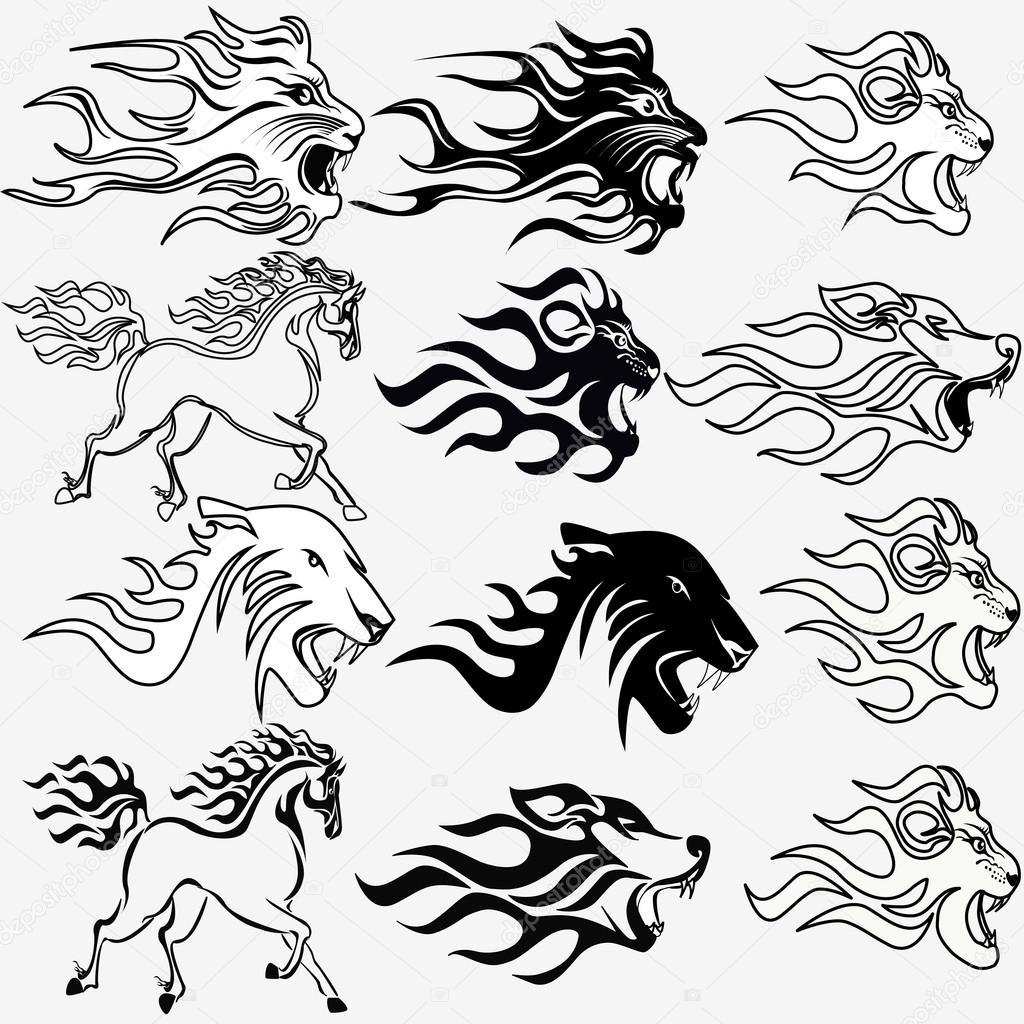 Set of graphic tattoos firehorse lion wolf and panther