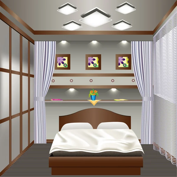 Dormitorio interior con una ventana con cortinas — Vector de stock