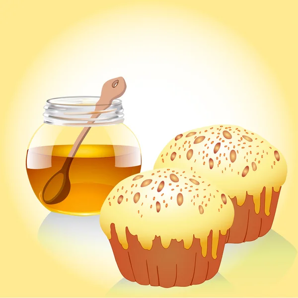 Van een potje honing, en twee van de cake met noten — Stockvector