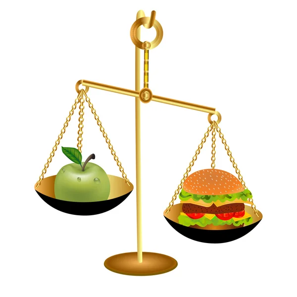 Van de vergelijking van het gewicht van een appel en een hamburger voor — Stockvector