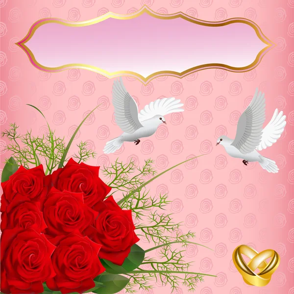 Carte de mariage avec des roses et des anneaux pigeons — Image vectorielle