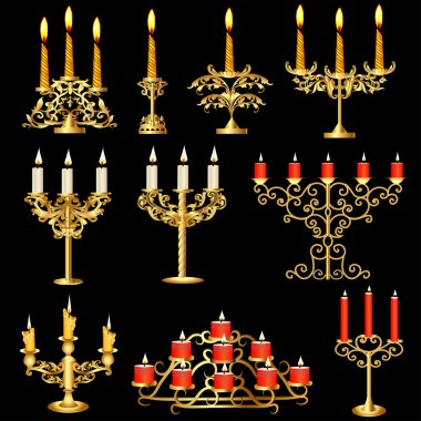 Set of candelabra and candlesticks with candles clipart