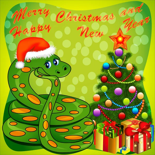 Of a Christmas tree and a snake with gifts on green — Stock Vector