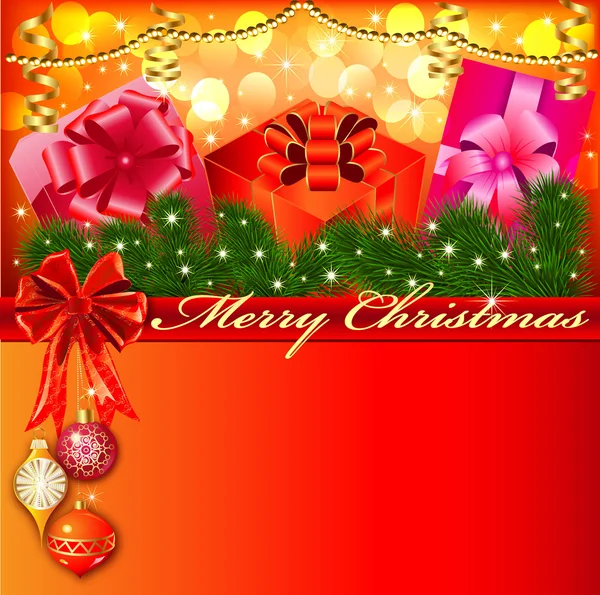 Jul bakgrund med båge och gåvor med julgran BH — Stock vektor