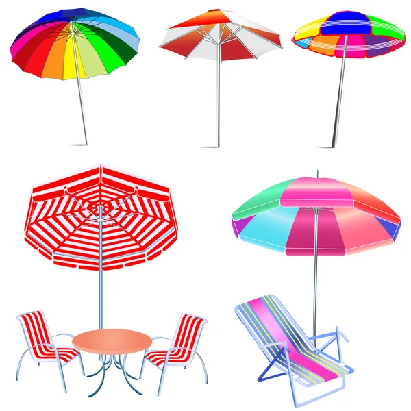 Kit umbrella beach with chairs and table — Stock Vector