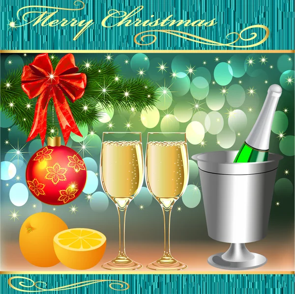 Bakgrund med bollar och glas champagne med apelsin — Stock vektor