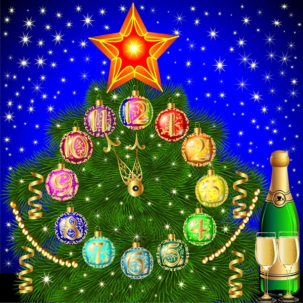 時間とシャンパンのためのクリスマス ツリーのボールと背景 — ストックベクタ