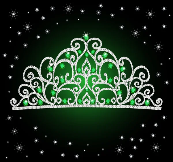 Illustration of women's tiara crown wedding with green stones — Stock Vector