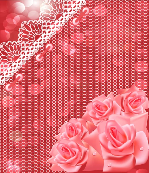 De tarjeta con rosas rosadas y encaje — Vector de stock