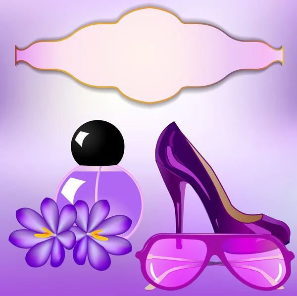 Feminin parfym skor solglasögon och blomma — Stock vektor