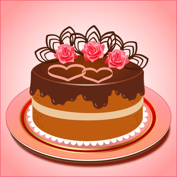 Pastel de chocolate con corazones y rosas — Vector de stock
